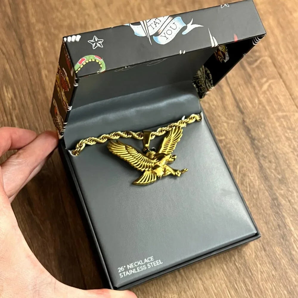 NEW Ed Hardy Gold Eagle Chunky Chain Mens Stainless Steel Necklace